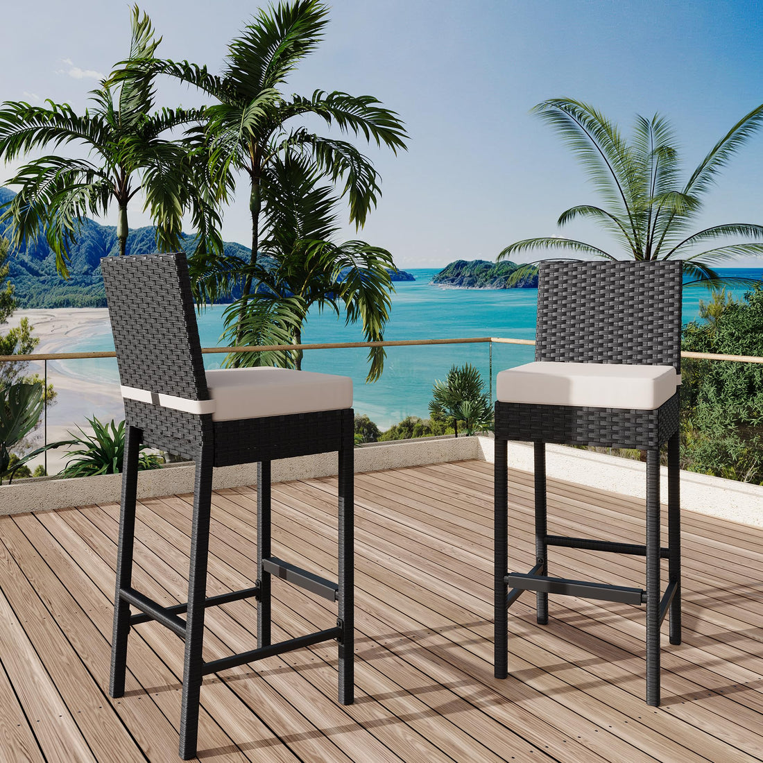 Ensemble de 2 tabourets de bar d'extérieur Garvee en résine tressée - Ergonomiques et résistants aux intempéries - Structure en rotin PE et acier - Hauteur d'assise : 71 cm - Pour jardin et terrasse - Noir