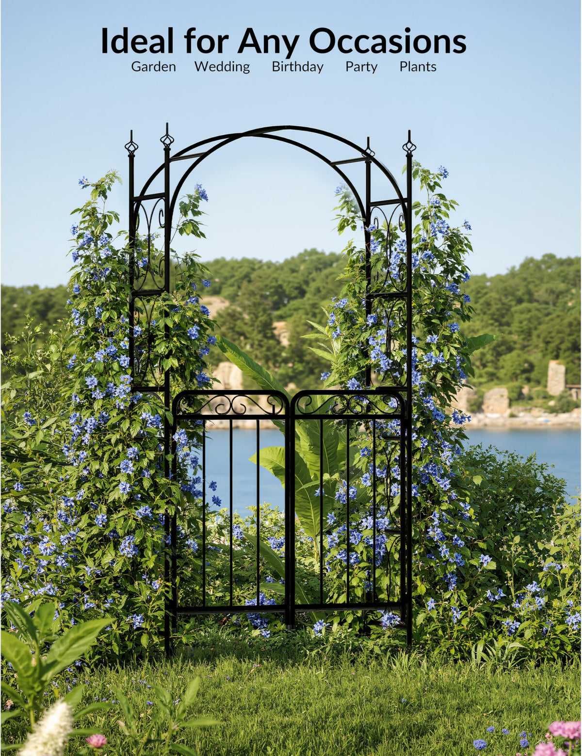 Arche de jardin Garvee de 2,4 m avec portail, métal robuste, résistante aux intempéries, noire, pour mariages et jardins, structure en treillis