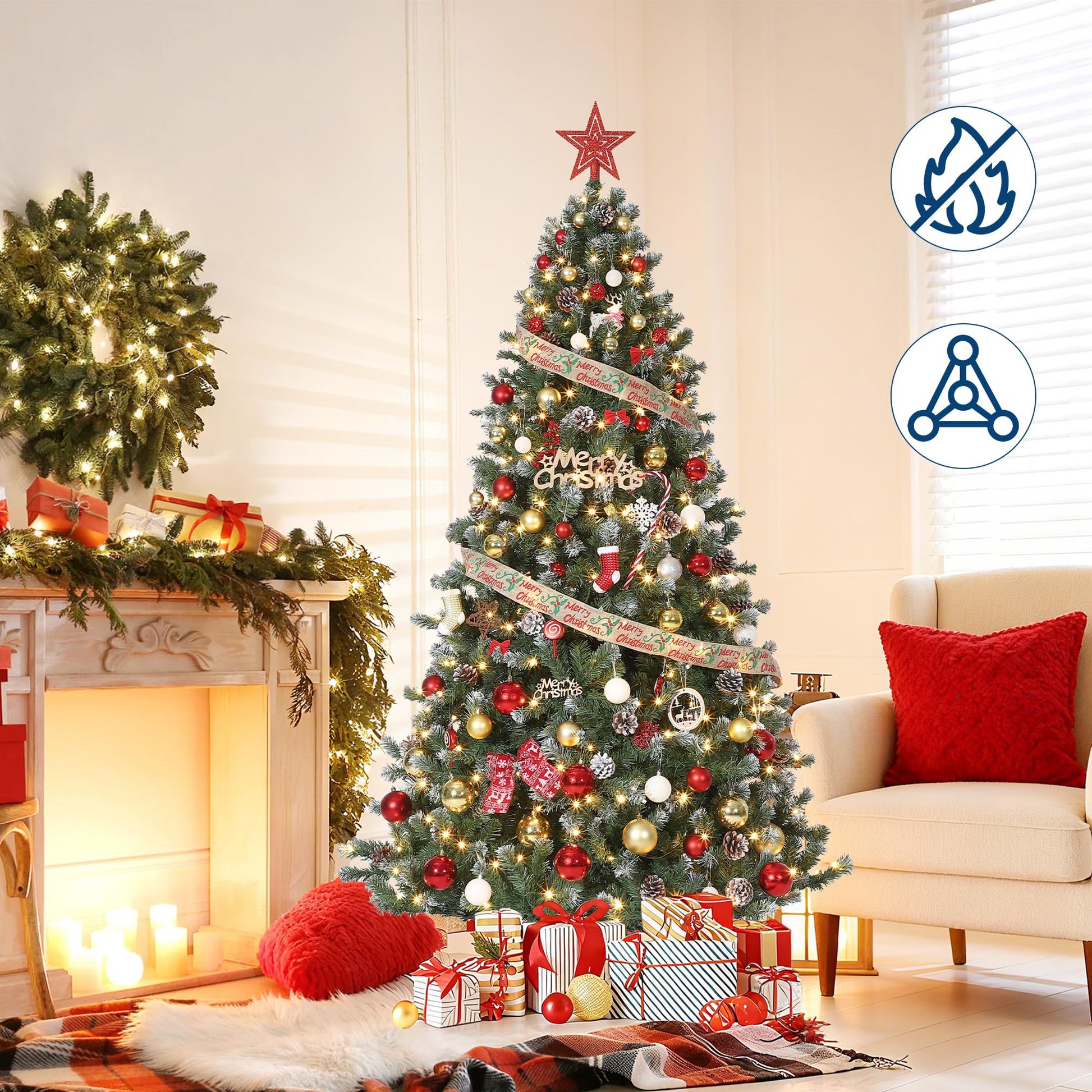 Sapin de Noël artificiel Garvee avec effet neige et éclairage LED, 220 cm, pour salon et décoration festive, blanc chaud, aspect réaliste