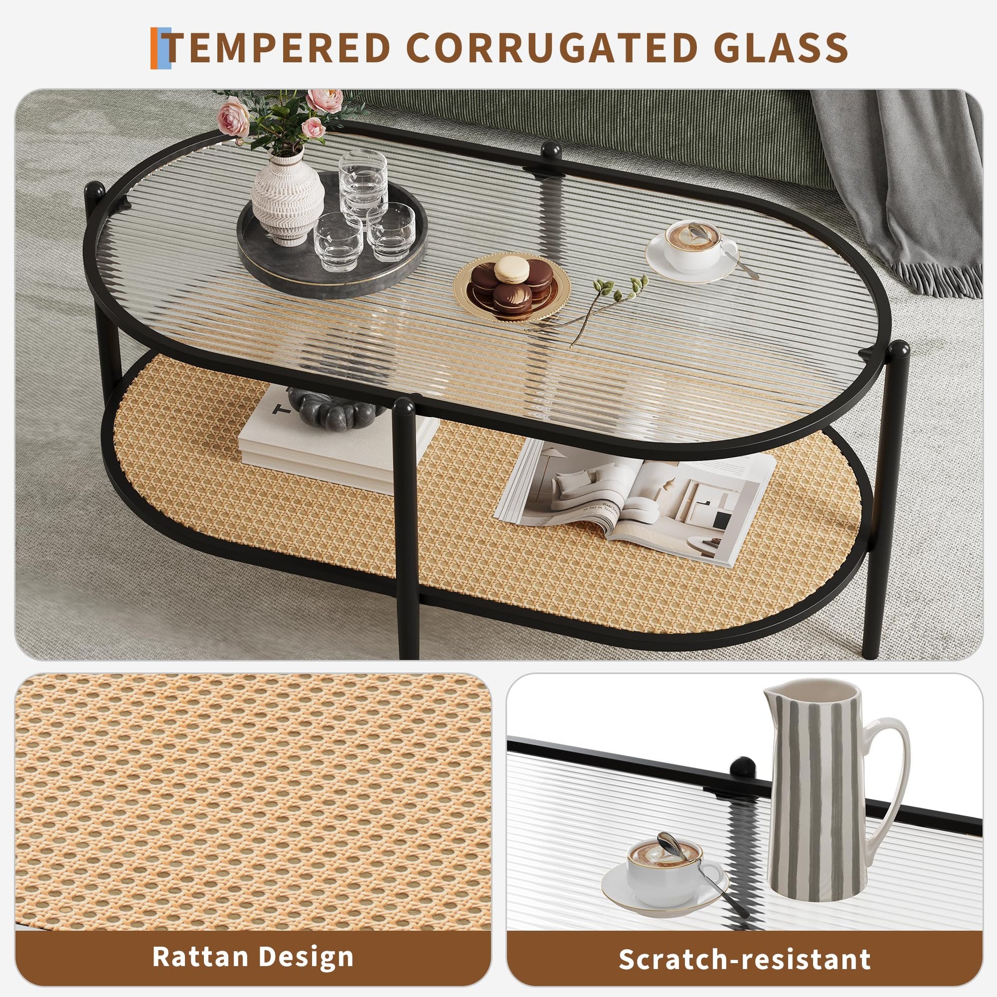 Table basse ovale à deux niveaux Garvee en rotin avec structure en métal et plateau en verre trempé, noire, pour salon et bureau