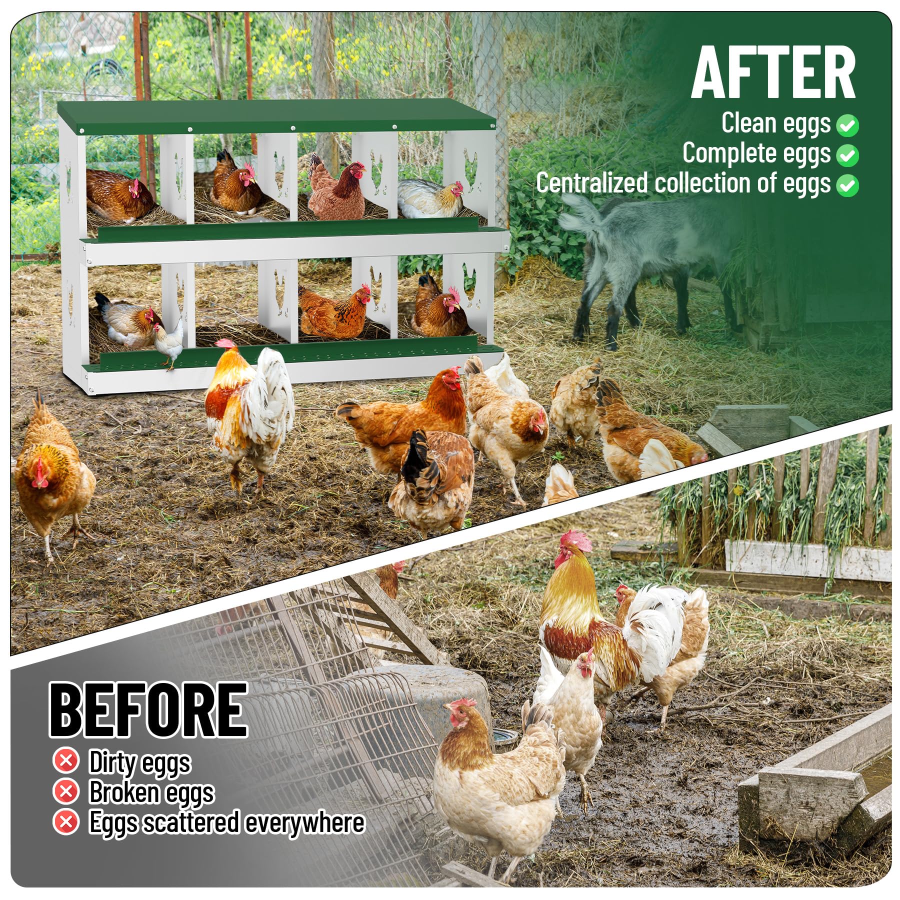 Garvee pondoir pour poules à 8 compartiments, acier galvanisé de 0,7 mm, conception résistante à la pluie, installation murale ou sur pieds, idéal pour poulaillers, fermes et jardins, vert