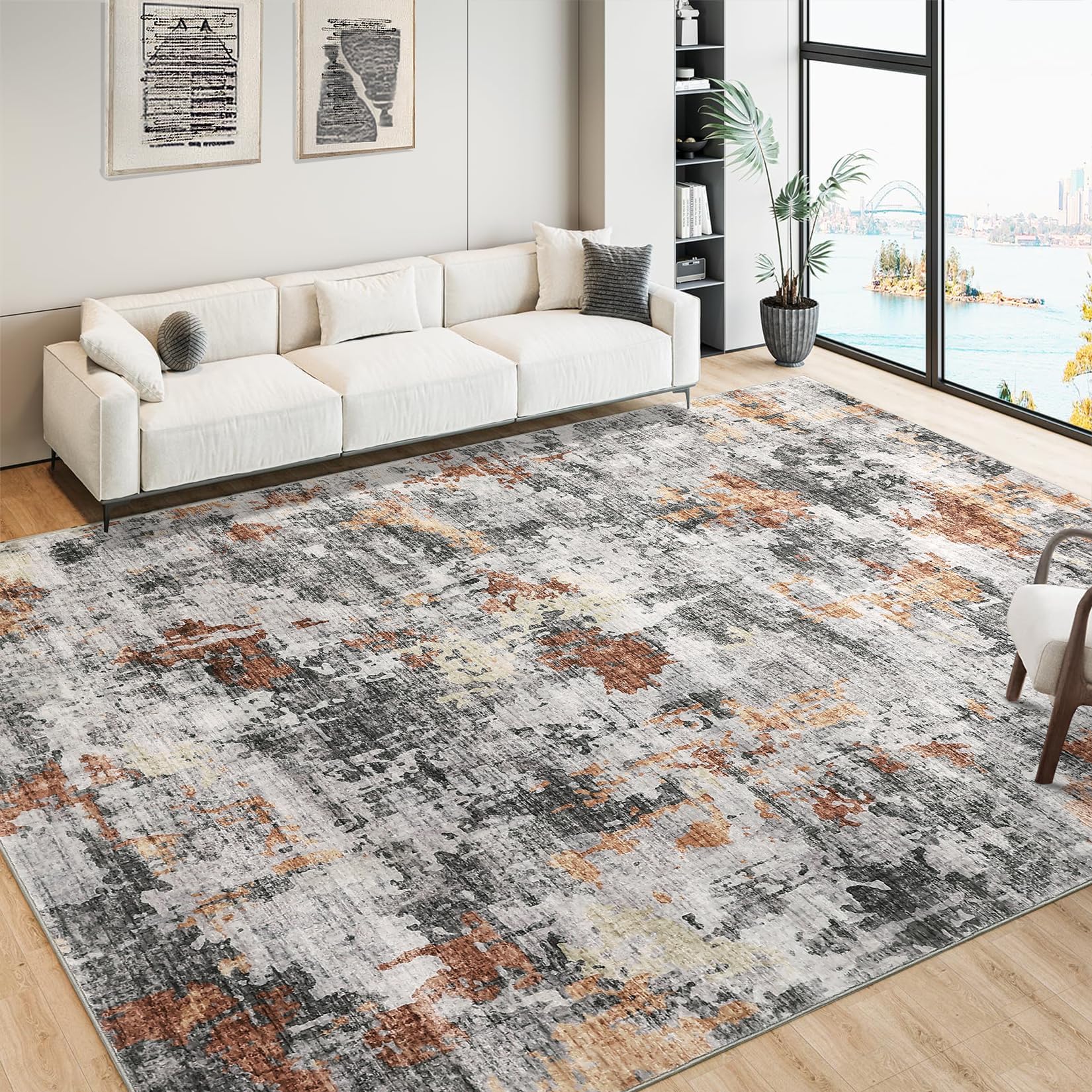 Tapis lavable Garvee Easy-Care gris-orange 160 x 230 cm pour salon, chambre, salle à manger, couloir, cuisine. Antidérapant, doux et pliable.