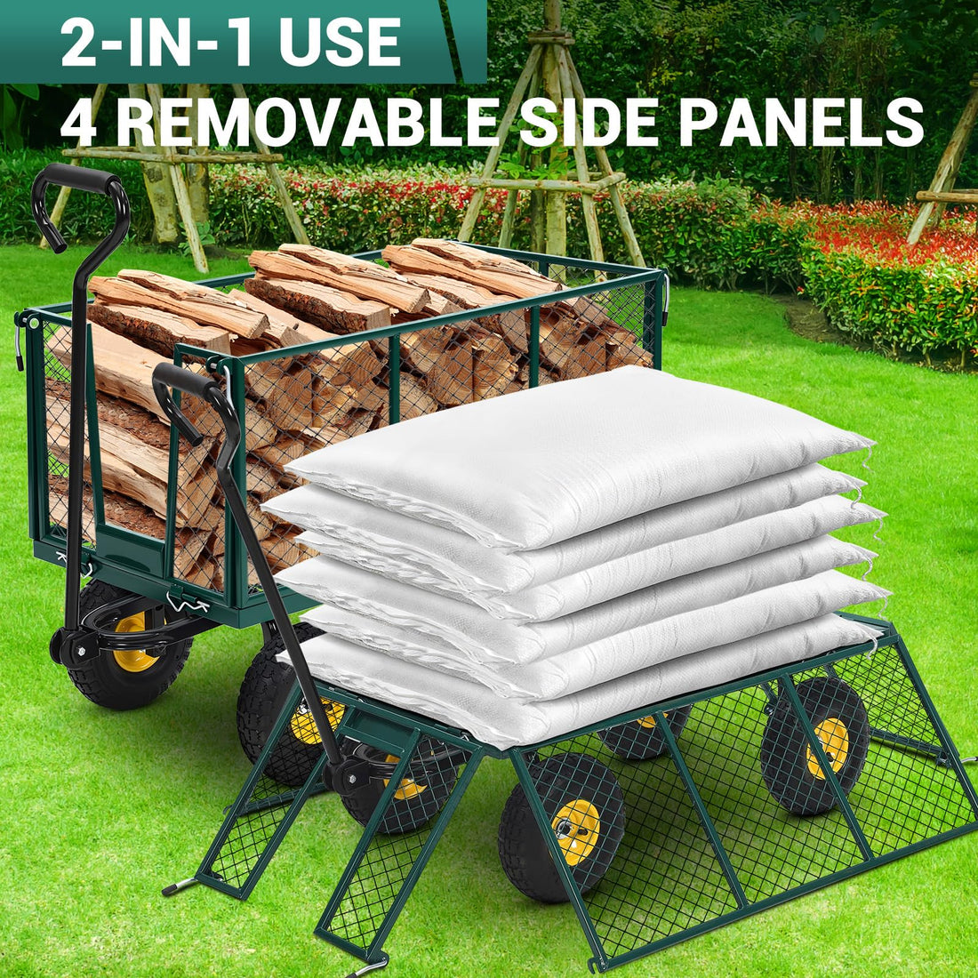Garvee Chariot de jardin robuste en acier, capacité 500 kg, 98 × 38 × 55 cm, roues pneumatiques 25,4 cm, poignée rotative 180°, côtés amovibles, vert foncé et roues jaunes