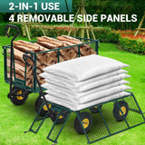Garvee Chariot de jardin robuste en acier, capacité 500 kg, 98 × 38 × 55 cm, roues pneumatiques 25,4 cm, poignée rotative 180°, côtés amovibles, vert foncé et roues jaunes - vert