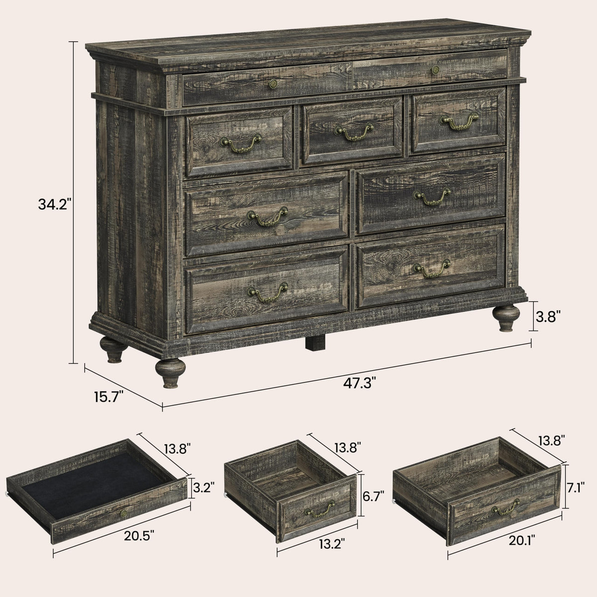 Commode de ferme Garvee 47" à 9 tiroirs, en bois rustique avec poignées en métal vintage, chêne foncé, idéale pour la chambre et le salon.