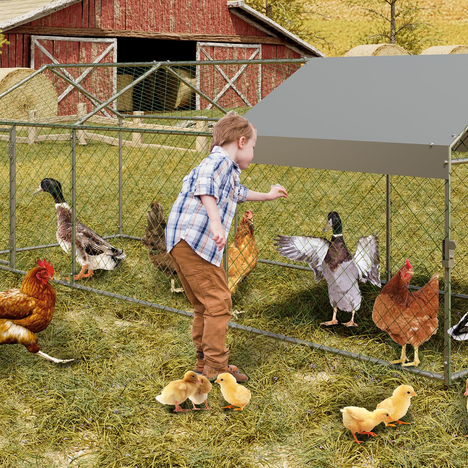 Poulailler Garvee 120x40x40 pouces, structure tubulaire carrée en acier noir, résistant aux intempéries, pour poules, lapins et autres volailles dans le jardin ou la cour.