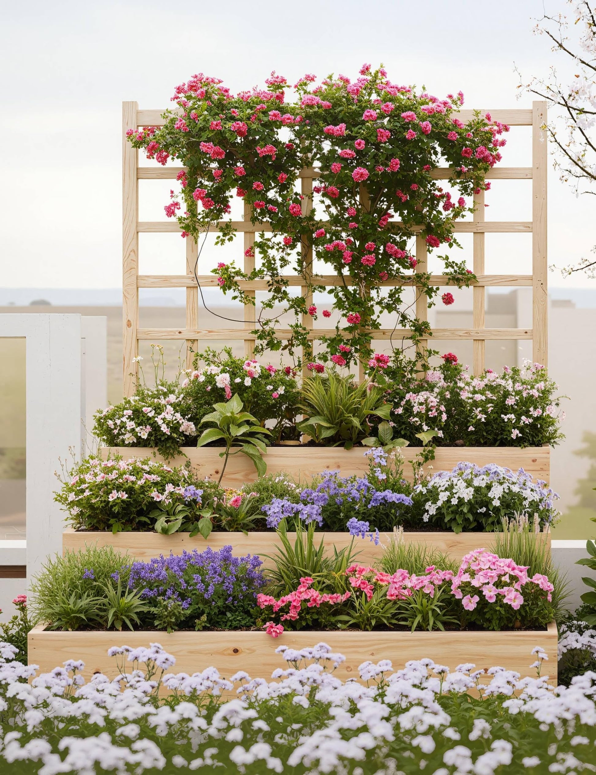 Jardinière surélevée à 3 niveaux Garvee en bois d'épicéa avec treillis pour balcon et jardin, modulaire, ouverte, en bois naturel
