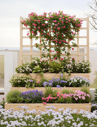 Jardinière surélevée à 3 niveaux Garvee en bois d'épicéa avec treillis pour balcon et jardin, modulaire, ouverte, en bois naturel