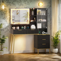 Garvee Coiffeuse cannelée avec miroir et éclairage LED, 5 tiroirs, station de chargement USB, noir et or, chambre, 114 cm (114 cm)