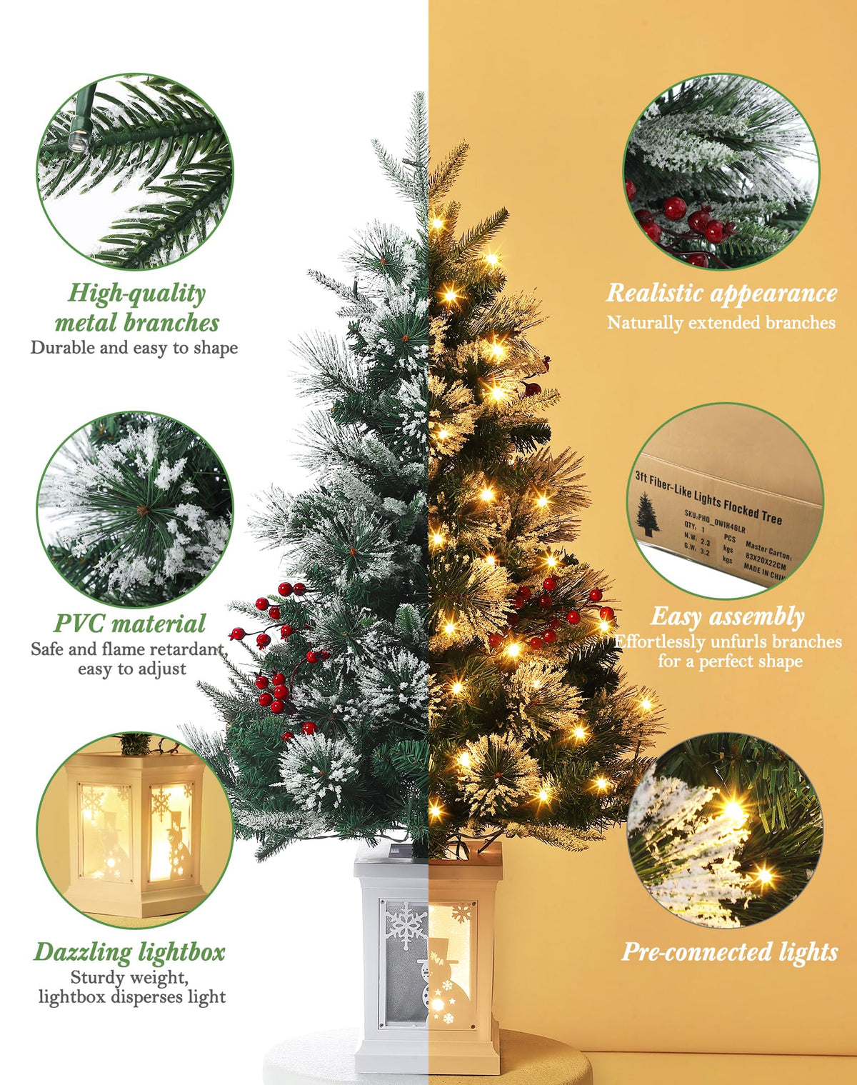 Garvee sapin de Noël de 90 cm avec 78 LED et support bonhomme de neige pour décoration de table, bureau ou salon
