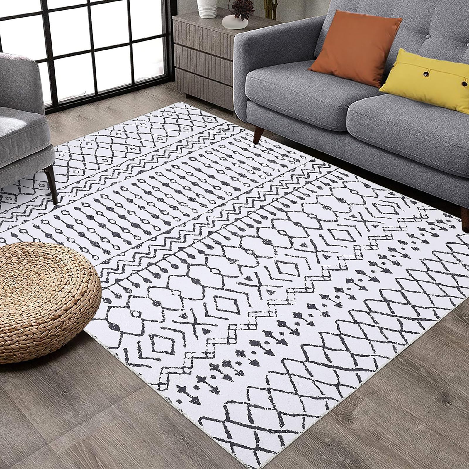 Tapis Garvee Boho imperméable, antidérapant et lavable à poils courts, motif losanges bohème, idéal pour le salon, la chambre ou la salle à manger. Motif losanges bohème.
