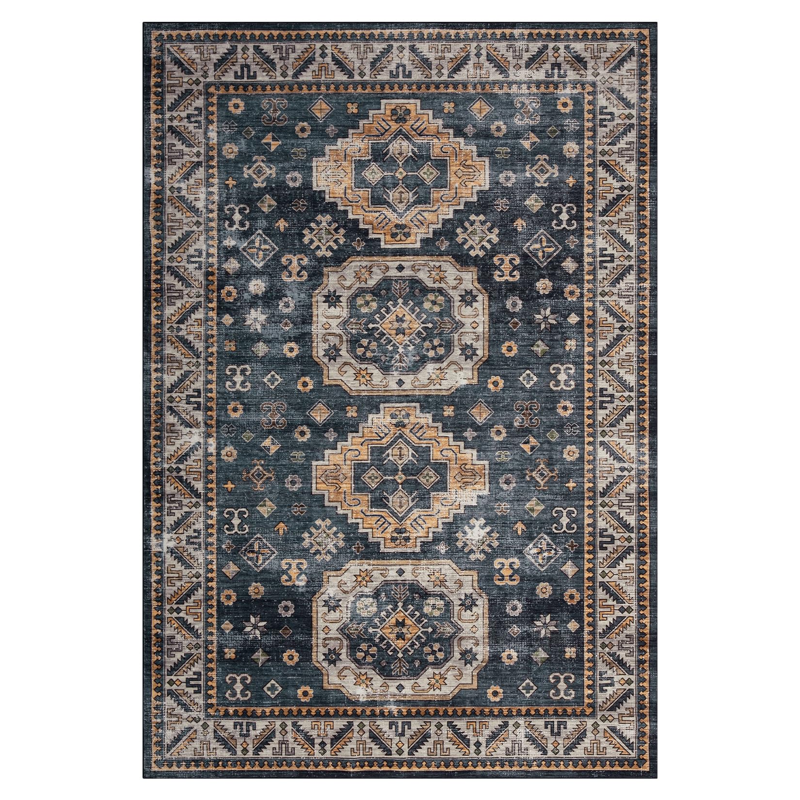 Tapis de salon vintage Garvee, doux, lavable, oriental, traditionnel, bleu marine, 120 x 170 cm