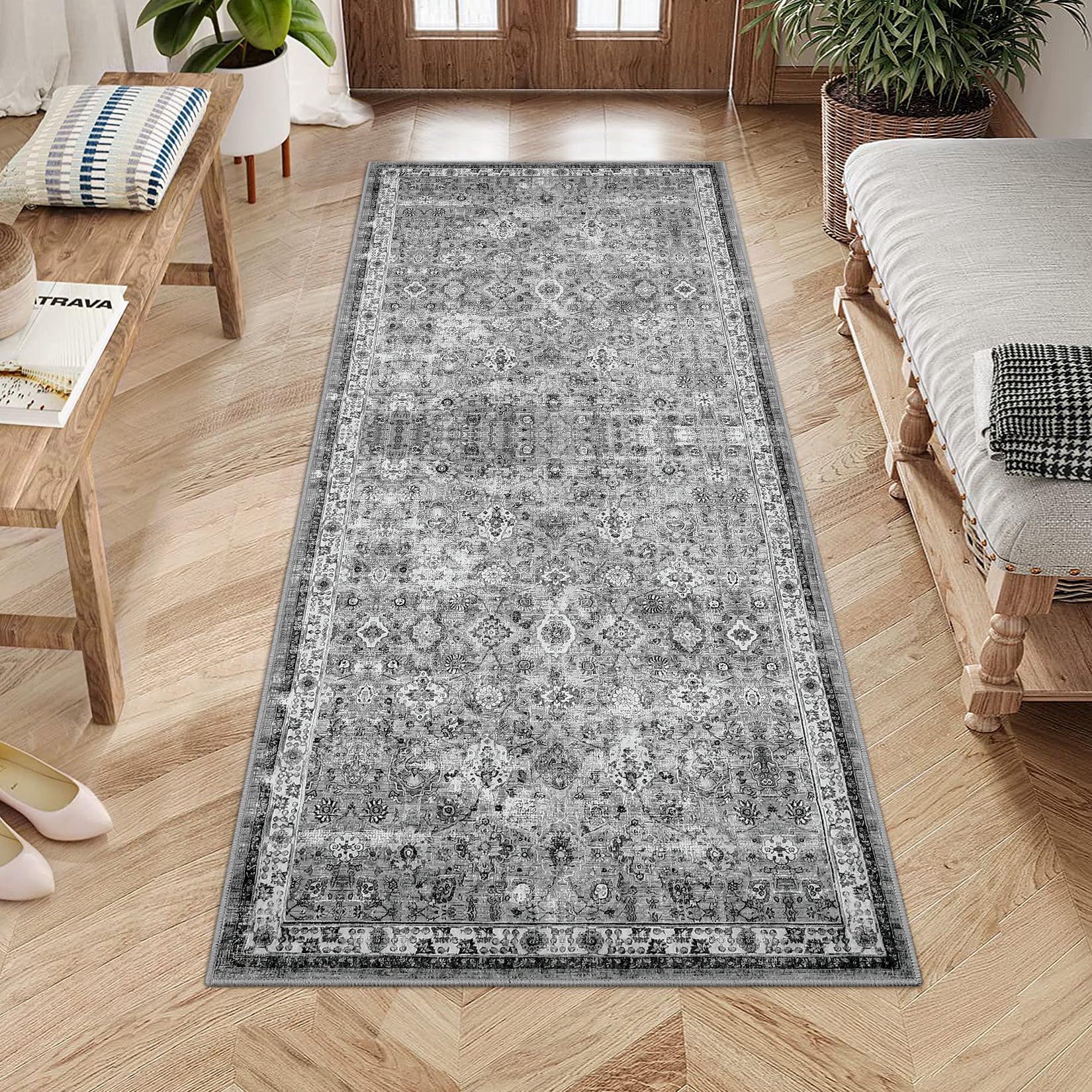 Tapis de couloir antidérapant à poils courts Garvee Boho pour cuisine, entrée, chambre, salon, 80 x 150 cm, gris vintage