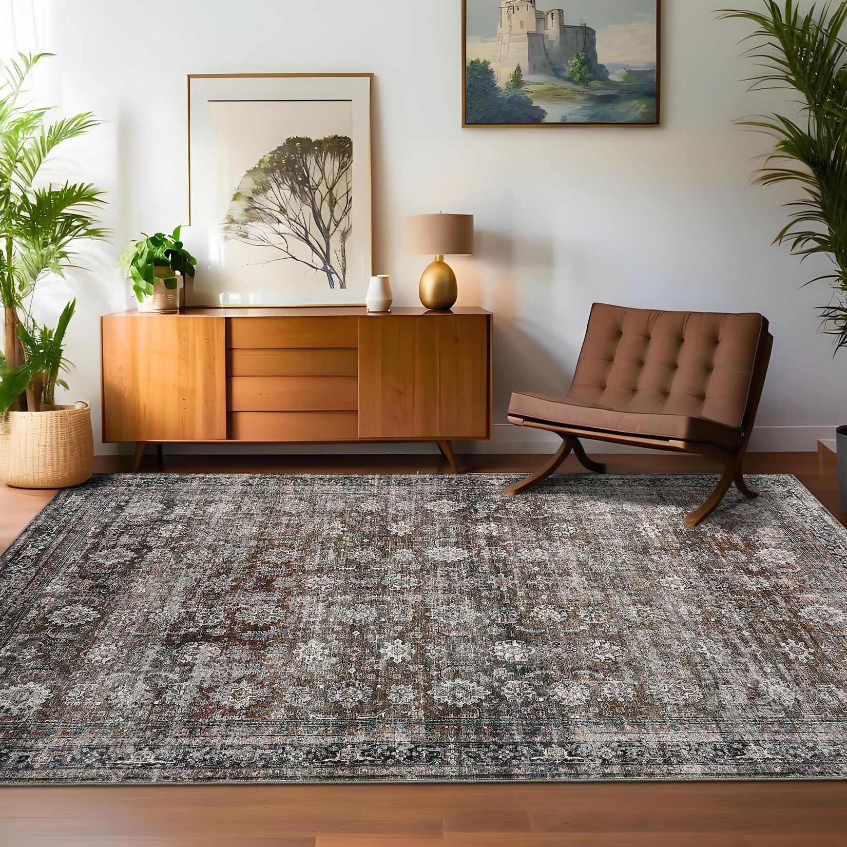 Tapis Garvee lavable style vintage tissé à plat, antidérapant, pour salon, chambre, cuisine, aspect doux et usé, design moderne