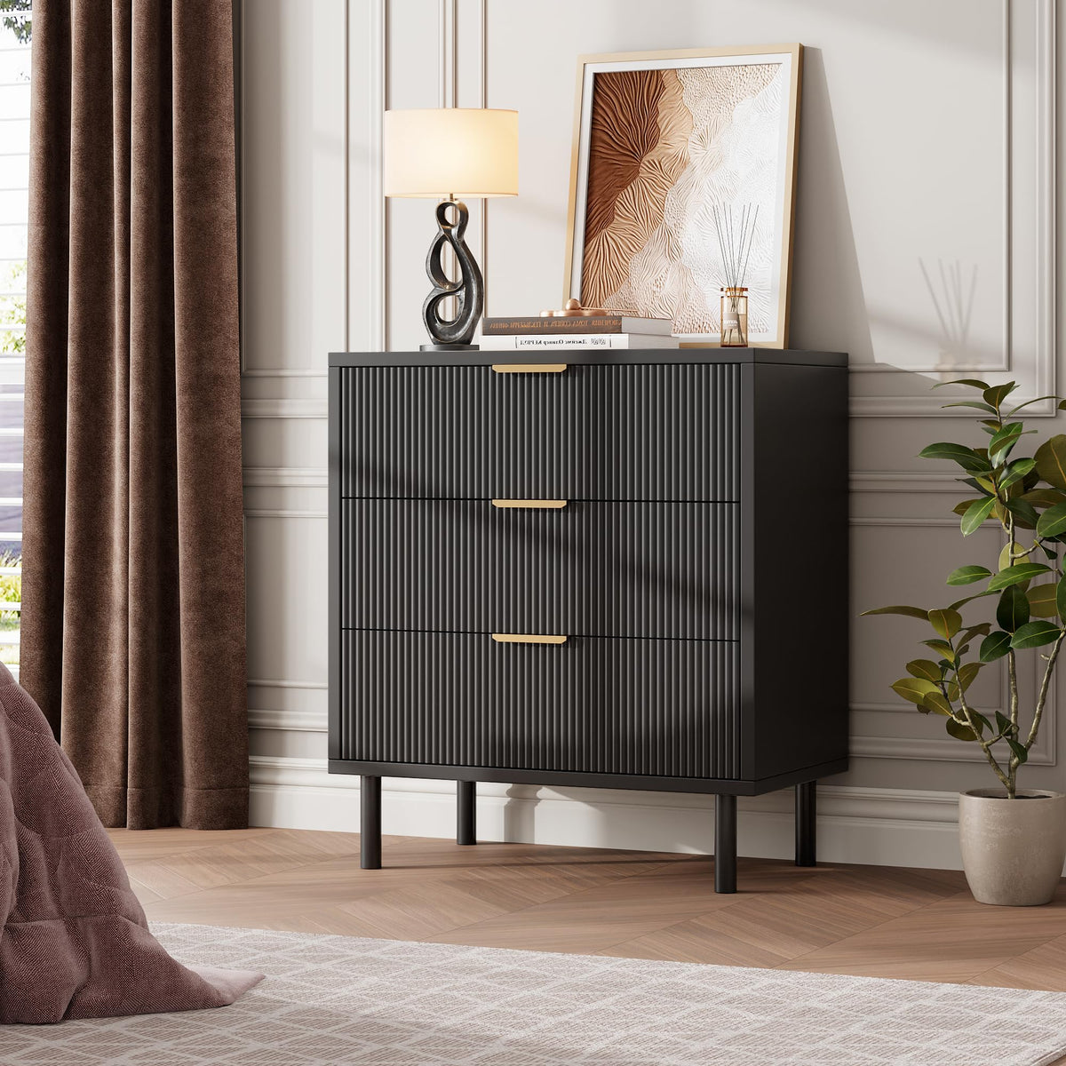 Garvee commode noire cannelée à 3 tiroirs, pieds en métal, mélamine noire, pour la chambre et le salon