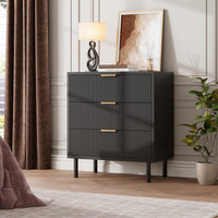 Garvee commode noire cannelée à 3 tiroirs, pieds en métal, mélamine noire, pour la chambre et le salon