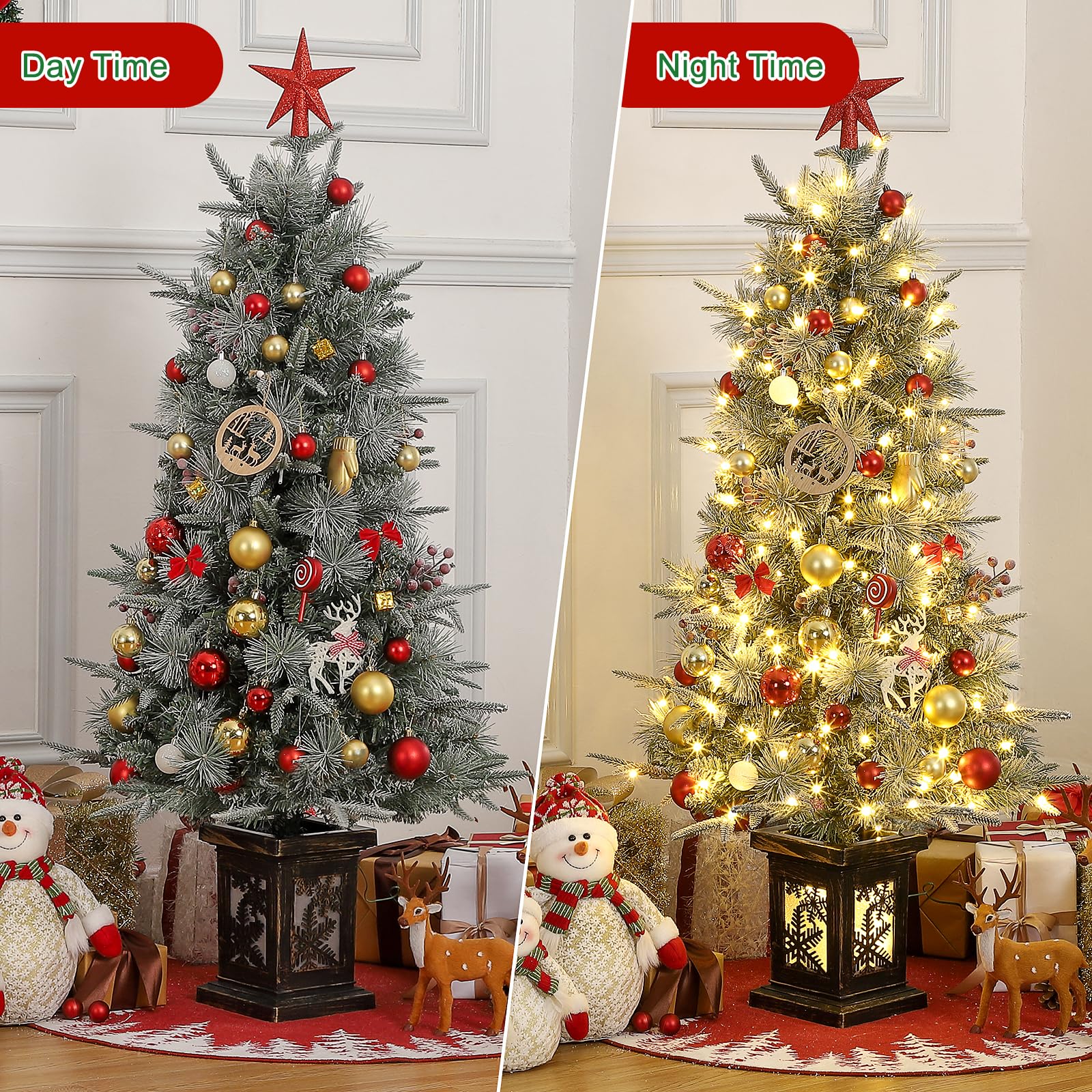 Sapin de Noël Garvee 125 cm – Avec lumières et décorations, socle flocon de neige pour une ambiance hivernale magique