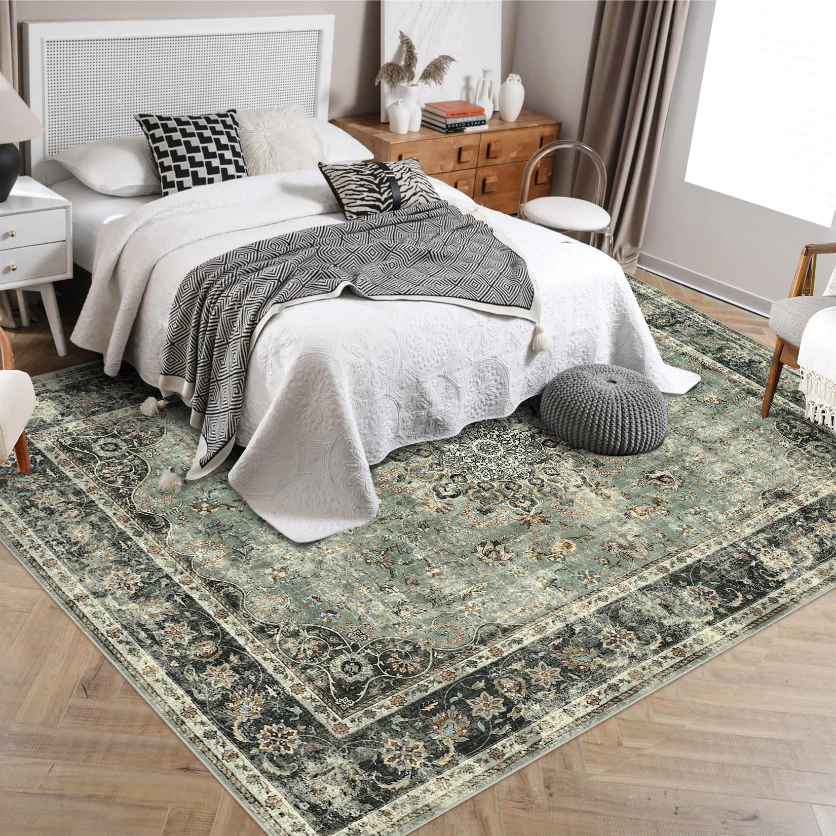 Tapis Garvee Vintage Lavable 120x170cm Vert Antique pour Salon, Chambre, Salle à Manger, Tapis Rétro Doux Antidérapant à Poils Courts