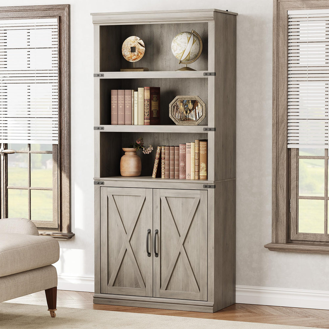Bibliothèque Garvee à 5 niveaux avec armoire, MDF robuste, portes magnétiques, idéale pour le salon et le bureau, 174,6 cm (H) x 80 cm (L) x 32,8 cm (P), grise
