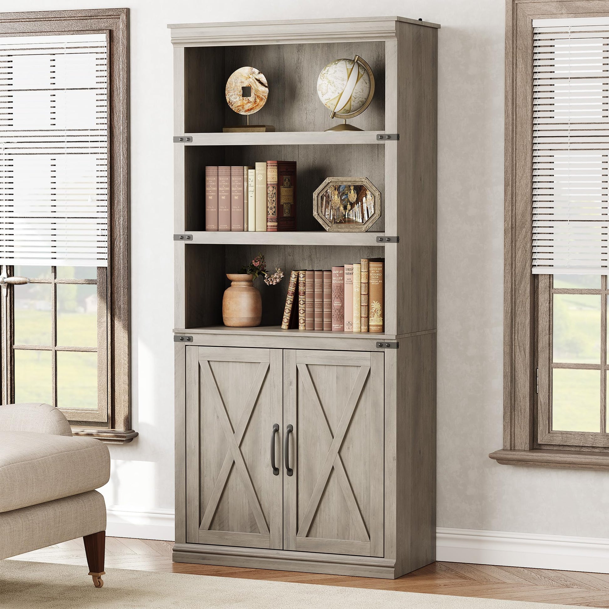 Bibliothèque Garvee à 5 niveaux avec armoire, MDF robuste, portes magnétiques, idéale pour le salon et le bureau, 174,6 cm (H) x 80 cm (L) x 32,8 cm (P), grise