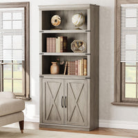 Bibliothèque Garvee à 5 niveaux avec armoire, MDF robuste, portes magnétiques, idéale pour le salon et le bureau, 174,6 cm (H) x 80 cm (L) x 32,8 cm (P), grise