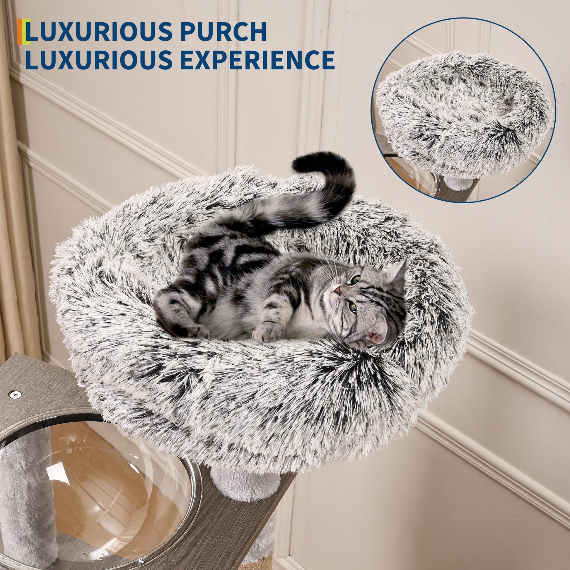 Arbre à chat Garvee 170 cm avec bac à litière et hamac, conception multi-niveaux, panneaux en bois haute densité, mobilier de salon moderne, coussins lavables, blanc