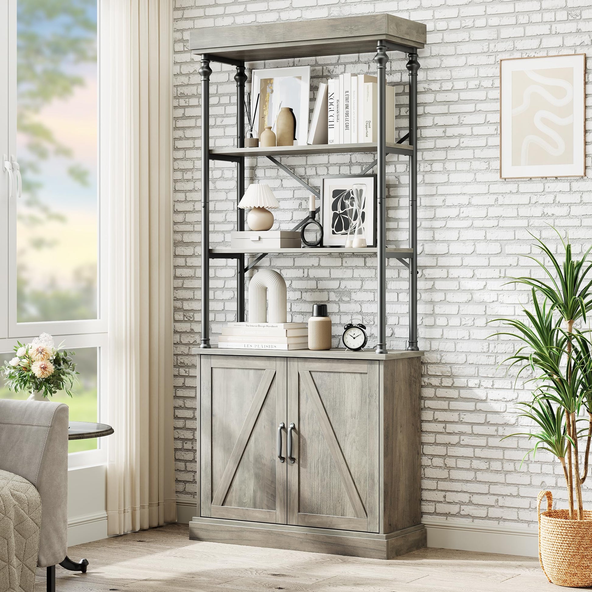Bibliothèque moderne Garvee Gold avec tiroirs, 4 étagères, structure en métal, style vintage, robuste, pour salon ou bureau, 187 x 80 x 30 cm, couleur bois naturel