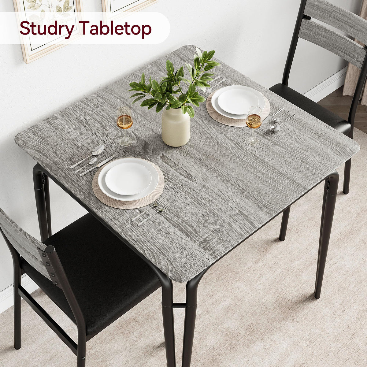 Garvee Ensemble table à manger 2 personnes, gain de place, sièges rembourrés, bois, dossiers ergonomiques, structure métal, idéal maison et bureau à domicile