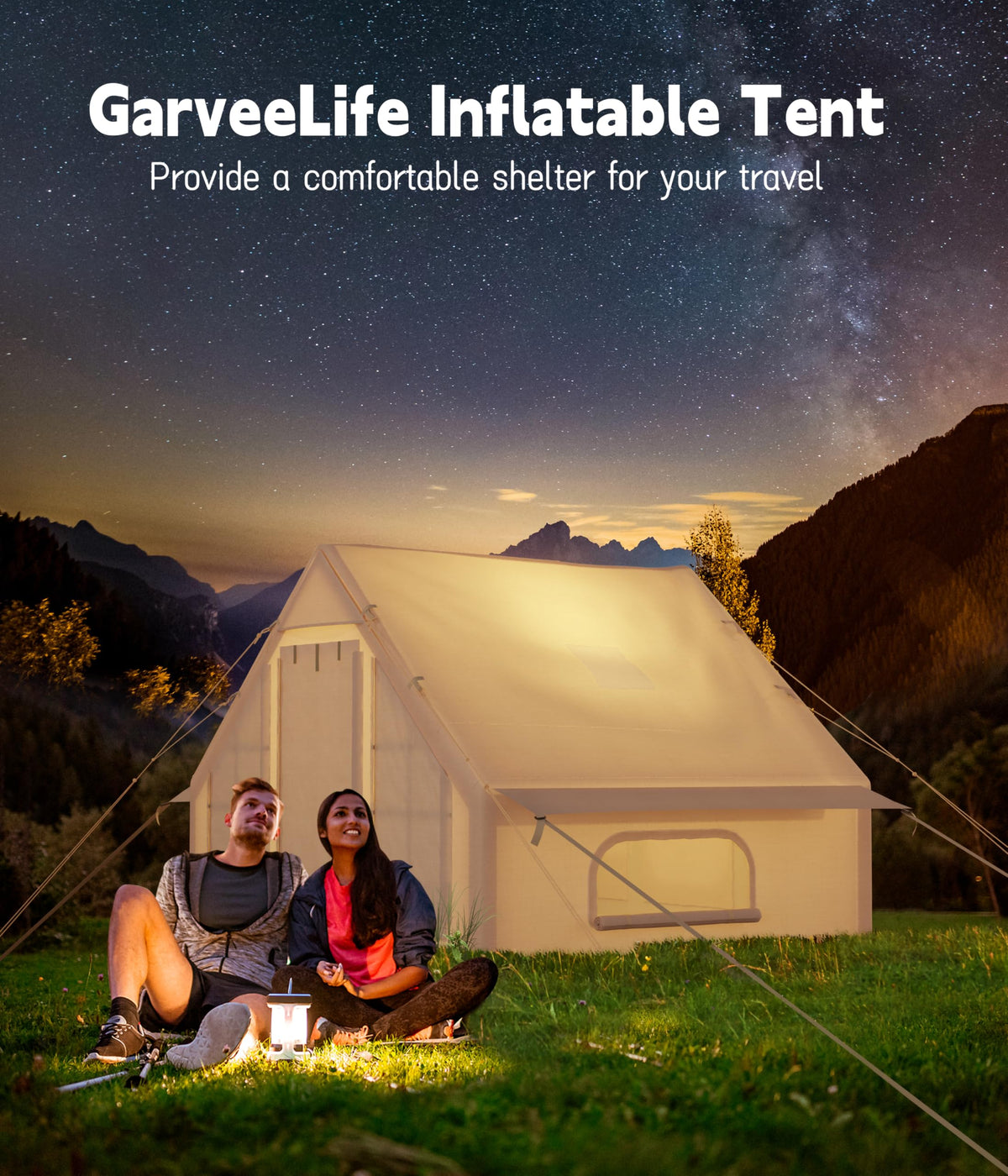 Tente de camping gonflable Garvee avec pompe, idéale pour le camping et les activités de plein air, 118 x 83 x 79 cm, en coton et PVC, imperméable et coupe-vent.