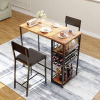 Table de salle à manger Garvee pour 2 personnes avec 4 compartiments de rangement, porte-gobelet et casier à vin, structure robuste en acier, design rustique en bois, idéale pour les petits espaces, compacte, marron