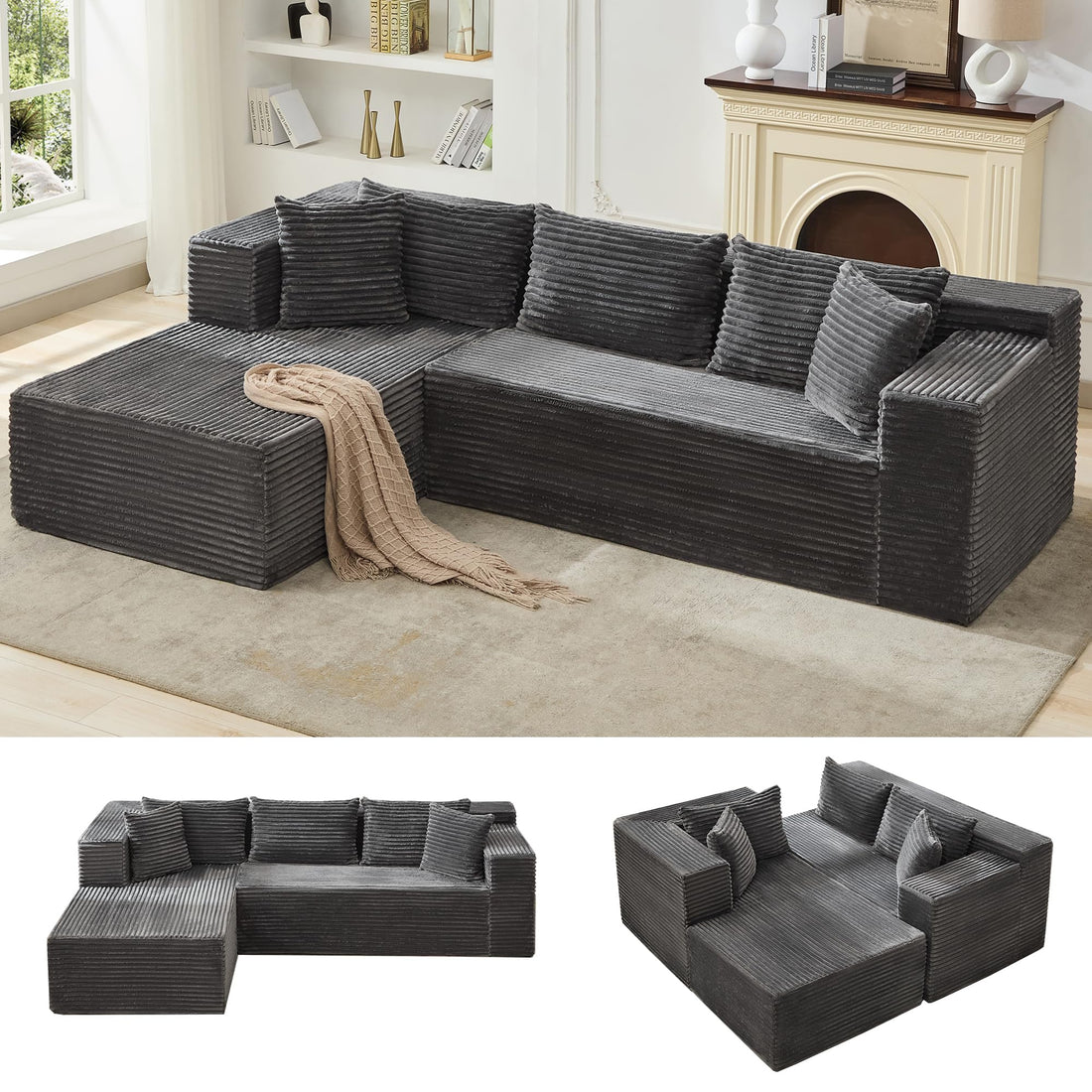 Canapé d'angle modulable Garvee 106' avec méridienne en L, revêtement en velours côtelé, ergonomique et respirant, pour salon, 106 pouces, beige