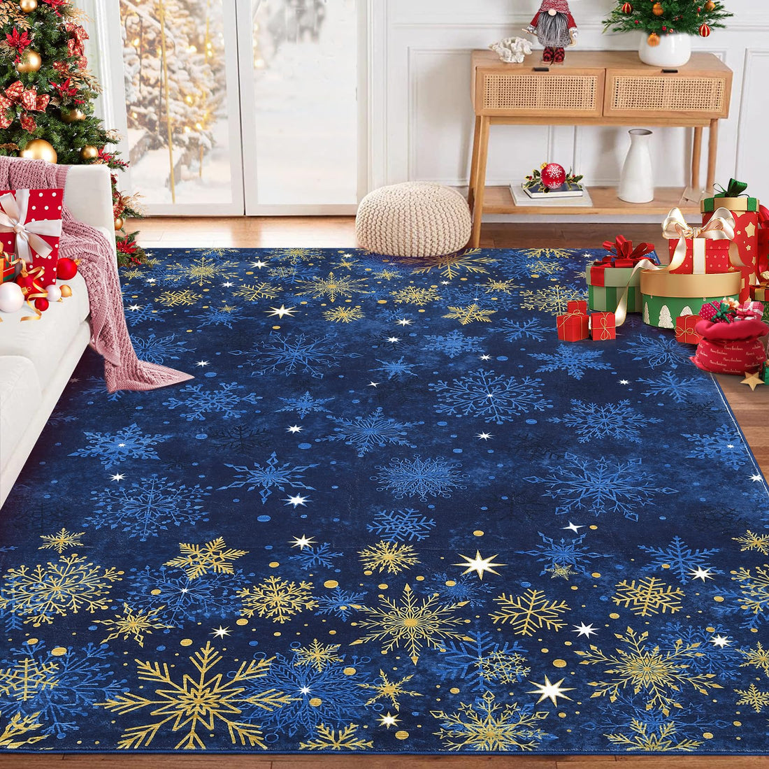 Tapis de salon Garvee, tapis de Noël bleu 120 x 170 cm, lavable, pour chambre, cuisine, salle à manger ou bureau
