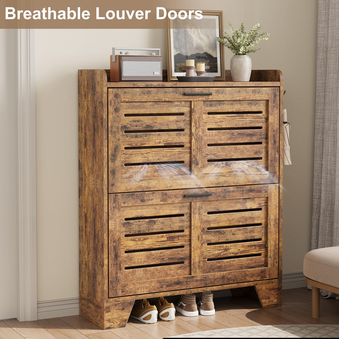 Garvee meuble à chaussures pour entrée avec 2 tiroirs abattants, organisateur de chaussures étroit en bois P2, ventilé, 35 cm, couleur bois