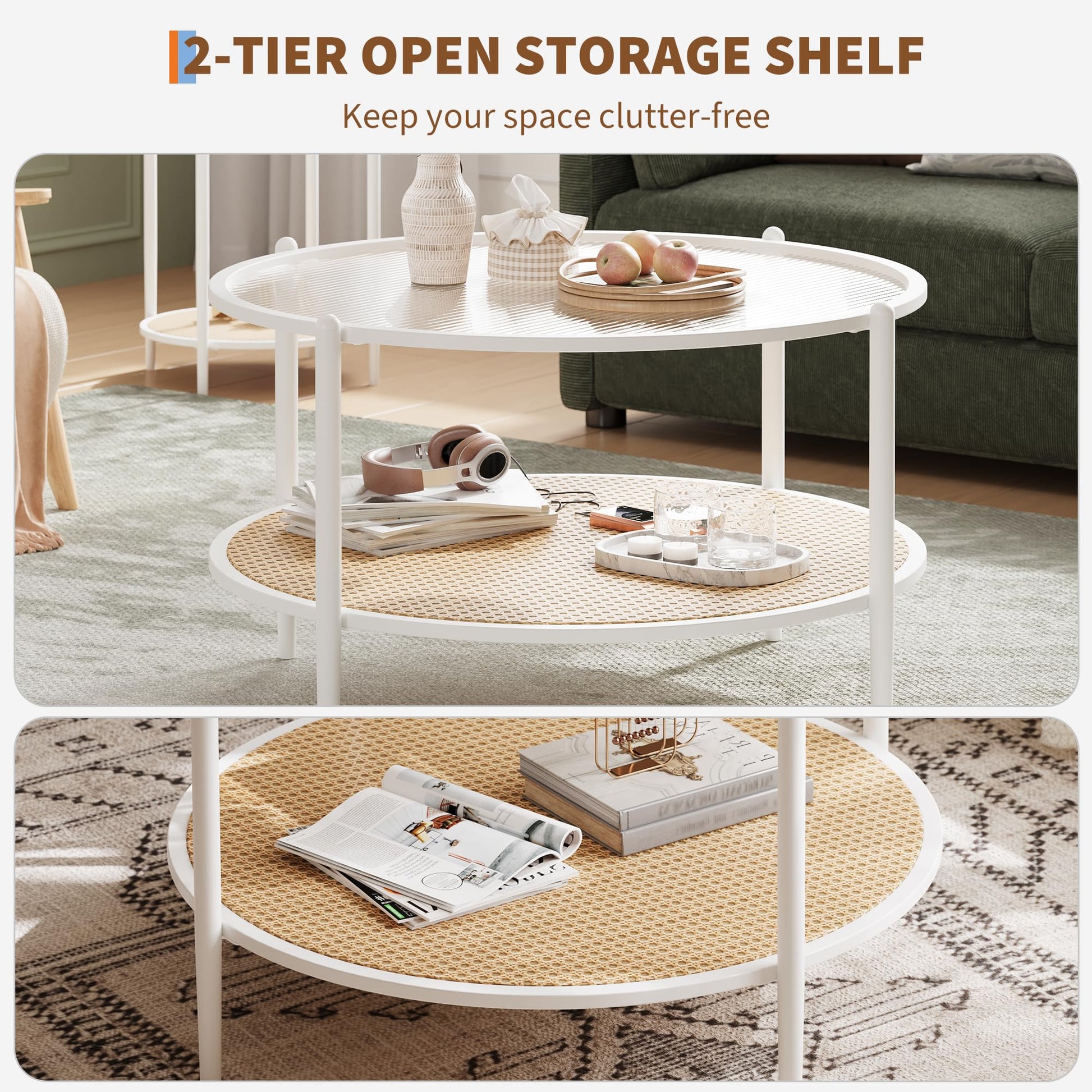 Table basse Garvee en rotin de 76 cm (30 po) avec structure en métal et plateau en verre résistant à la chaleur, idéale pour le salon et le bureau, blanche, 76 cm (30 po)