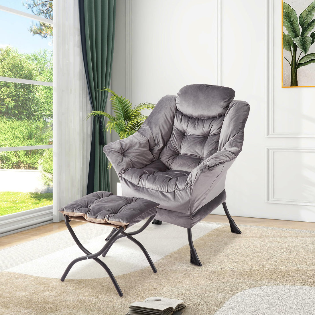 Garvee Fauteuil relax avec repose-pieds, ergonomique et robuste, revêtement en imitation fourrure de lapin, pour salon et bureau, pliable, grand format, gris