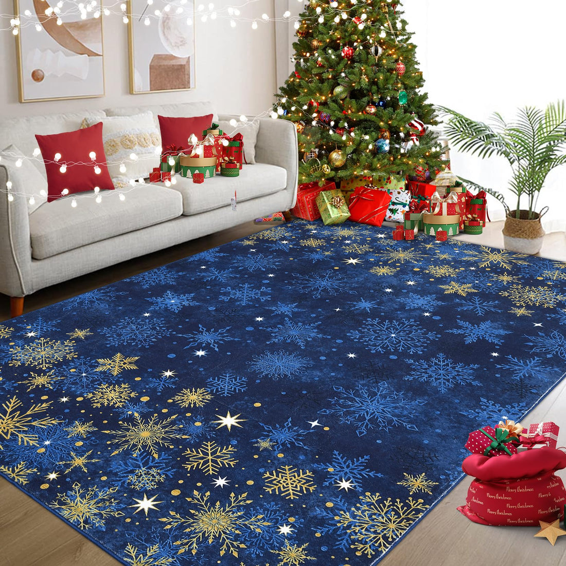 Tapis de salon Garvee bleu motif flocons de neige, 160 x 230 cm, lavable et doux, idéal pour la chambre, la cuisine, la salle à manger ou le bureau. Décoration de Noël.