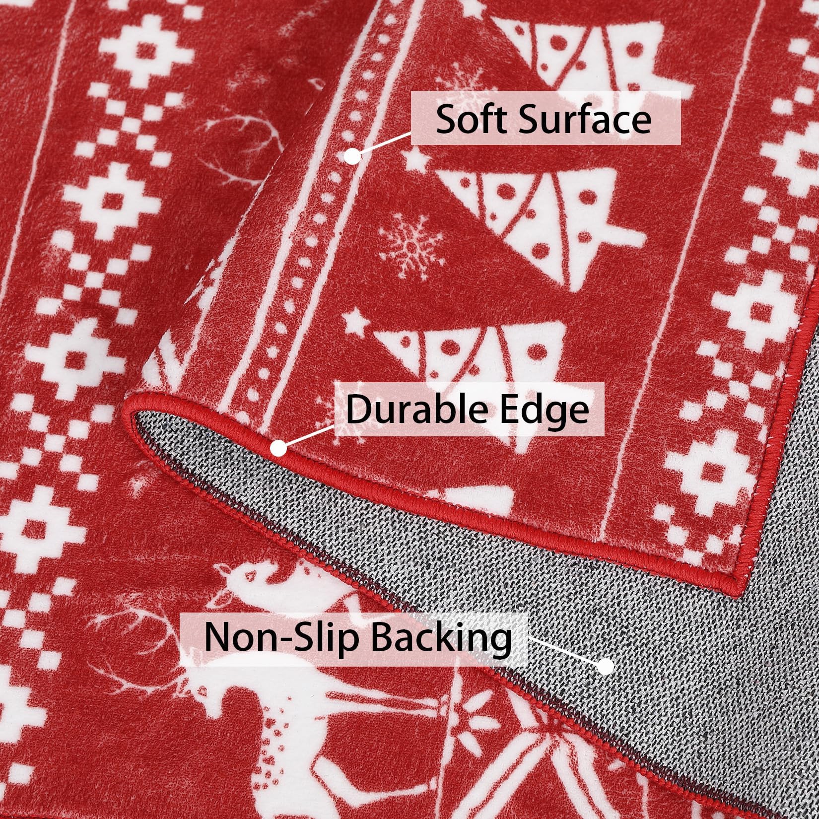 Tapis festif Garvee, motif bohème de Noël avec rennes, flocons de neige et sapin de Noël, pour salon, chambre, cuisine, salle de bain, rouge, ultra-fin, à poils courts