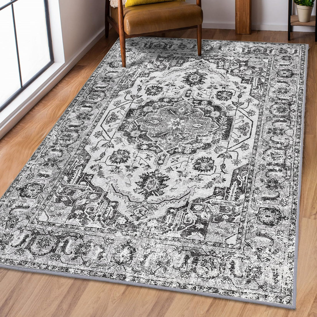 Garvee Tapis persan extra large 200 × 290 cm, gris, lavable et pliable, envers antidérapant, résistant à l’eau et aux taches, idéal salon et chambre