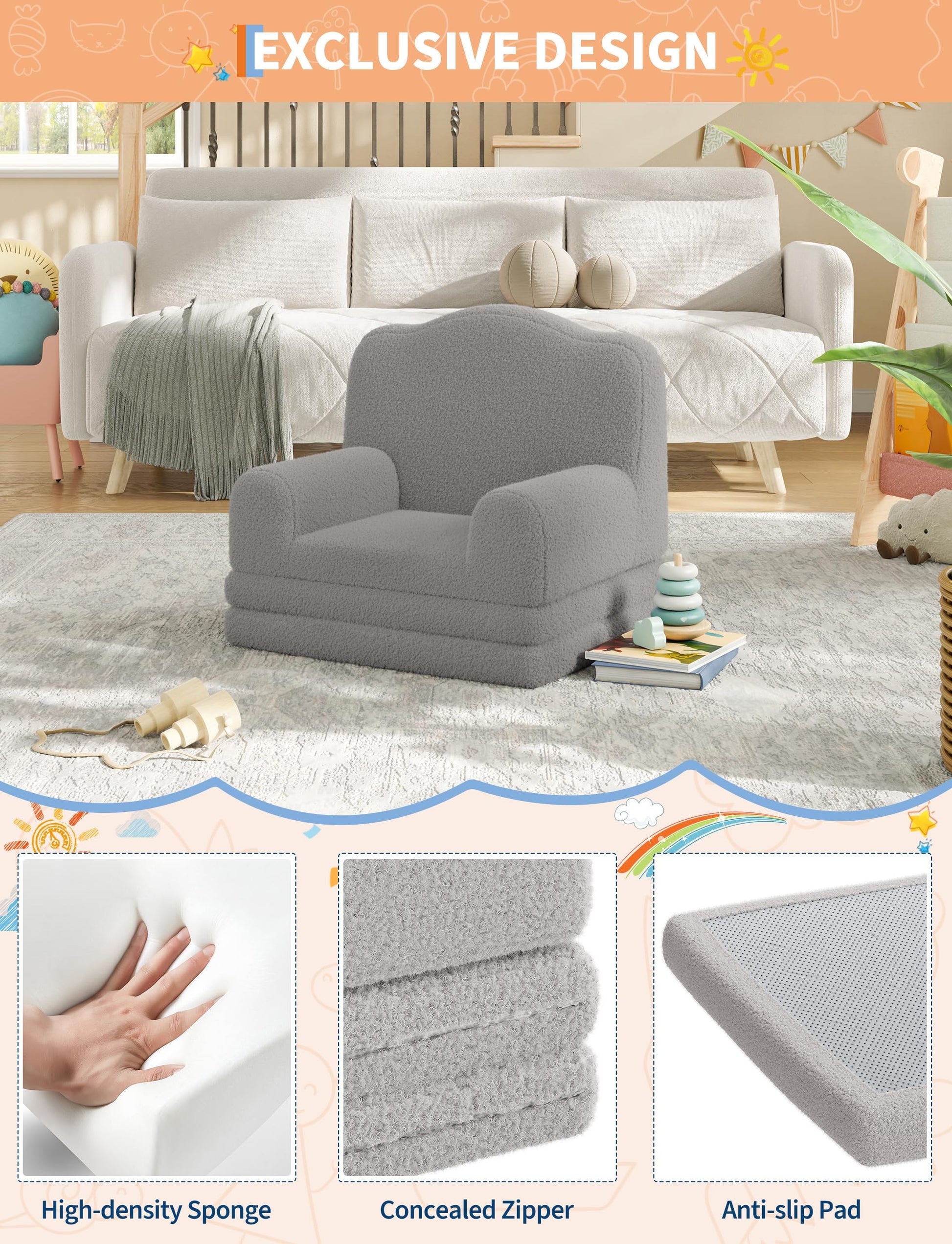 Canapé enfant convertible 2 en 1 Garvee, très confortable, en mousse, avec revêtement en sherpa doux et antidérapant, de couleur grise, idéal pour la salle de jeux. Léger et sûr.