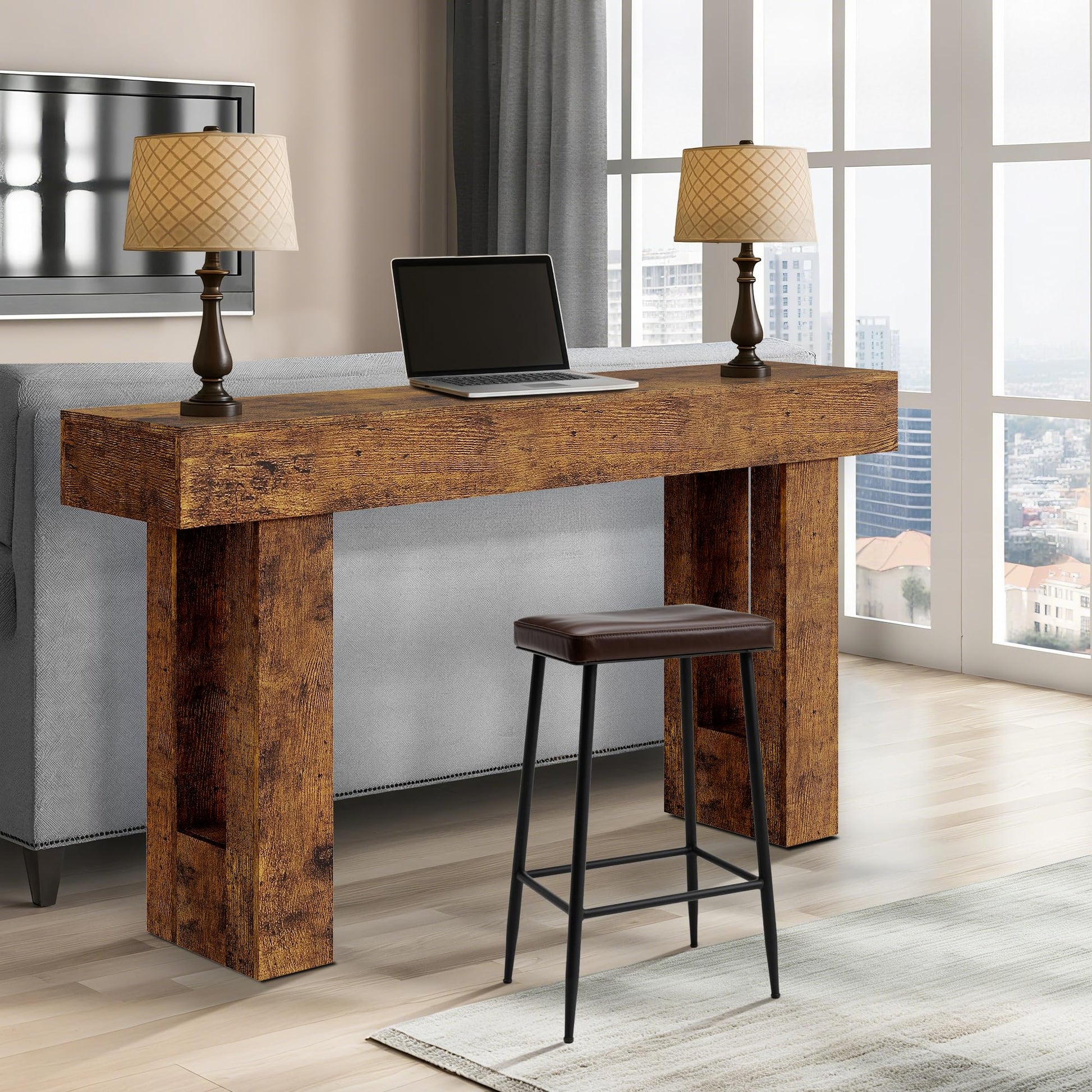Garvee Console farmhouse 160 cm marron rustique, design minimaliste en T avec étagères ouvertes, idéale pour entrée, salon et rangement décoratif