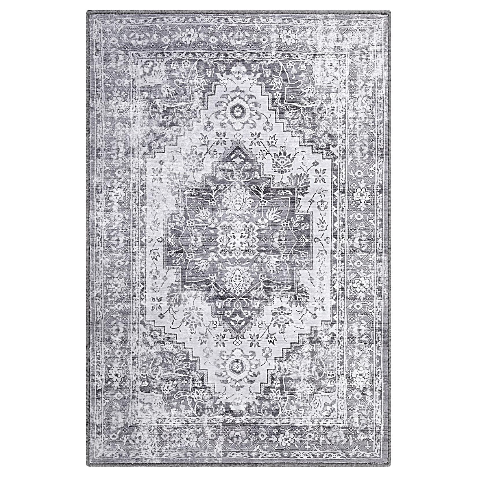 Tapis vintage Garvee, motif oriental, antidérapant, antitache, lavable, poils courts, gris, 160 x 230 cm, salon, chambre