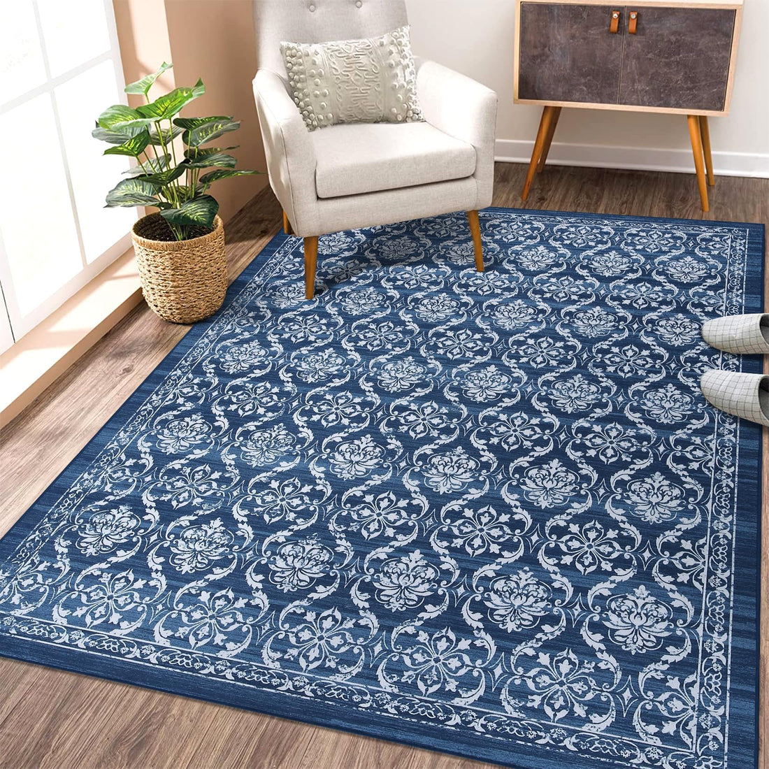 Tapis de couloir antidérapant Garvee style vintage, motif floral et géométrique marocain, bleu, 160 x 230 cm