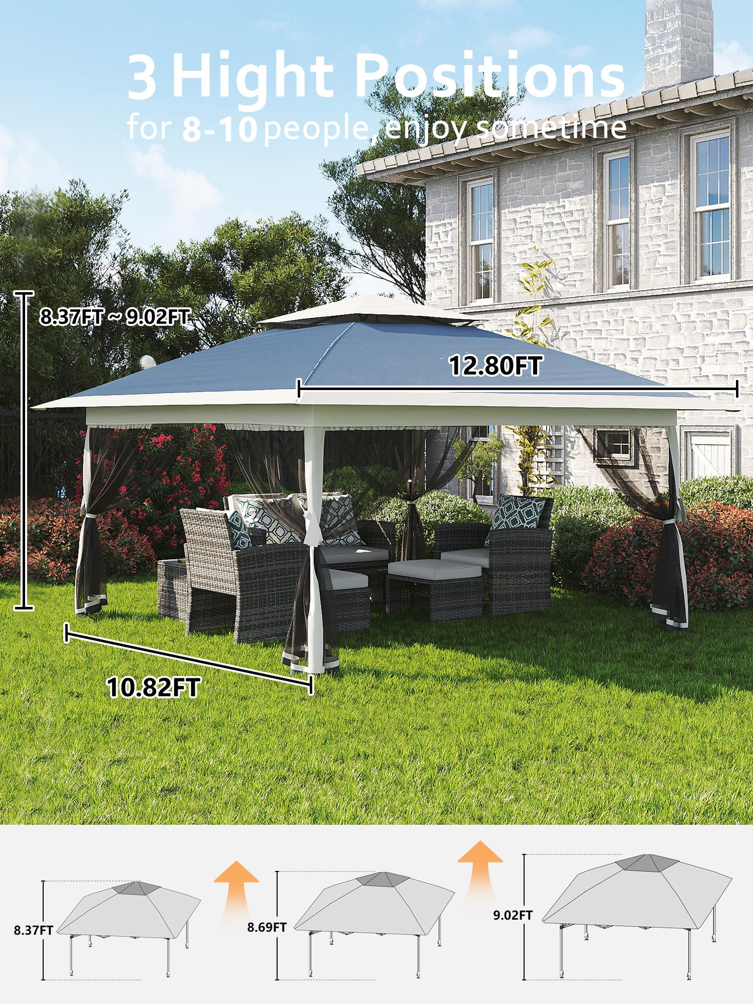 Garvee Tonnelle pop-up 396 × 396 cm avec moustiquaire, imperméable et anti-UV, structure métallique robuste, toile Oxford 150D, pour jardin et camping, bleue