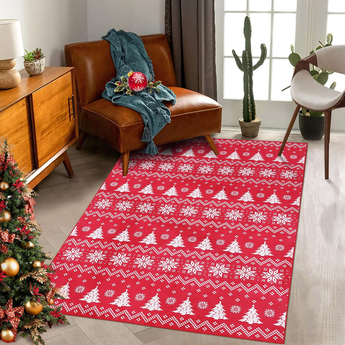 Tapis de salon Garvee Kerst, lavable, antidérapant, rouge, 120 x 170 cm, pour chambre, salle à manger, chambre d'enfant, décoration de Noël