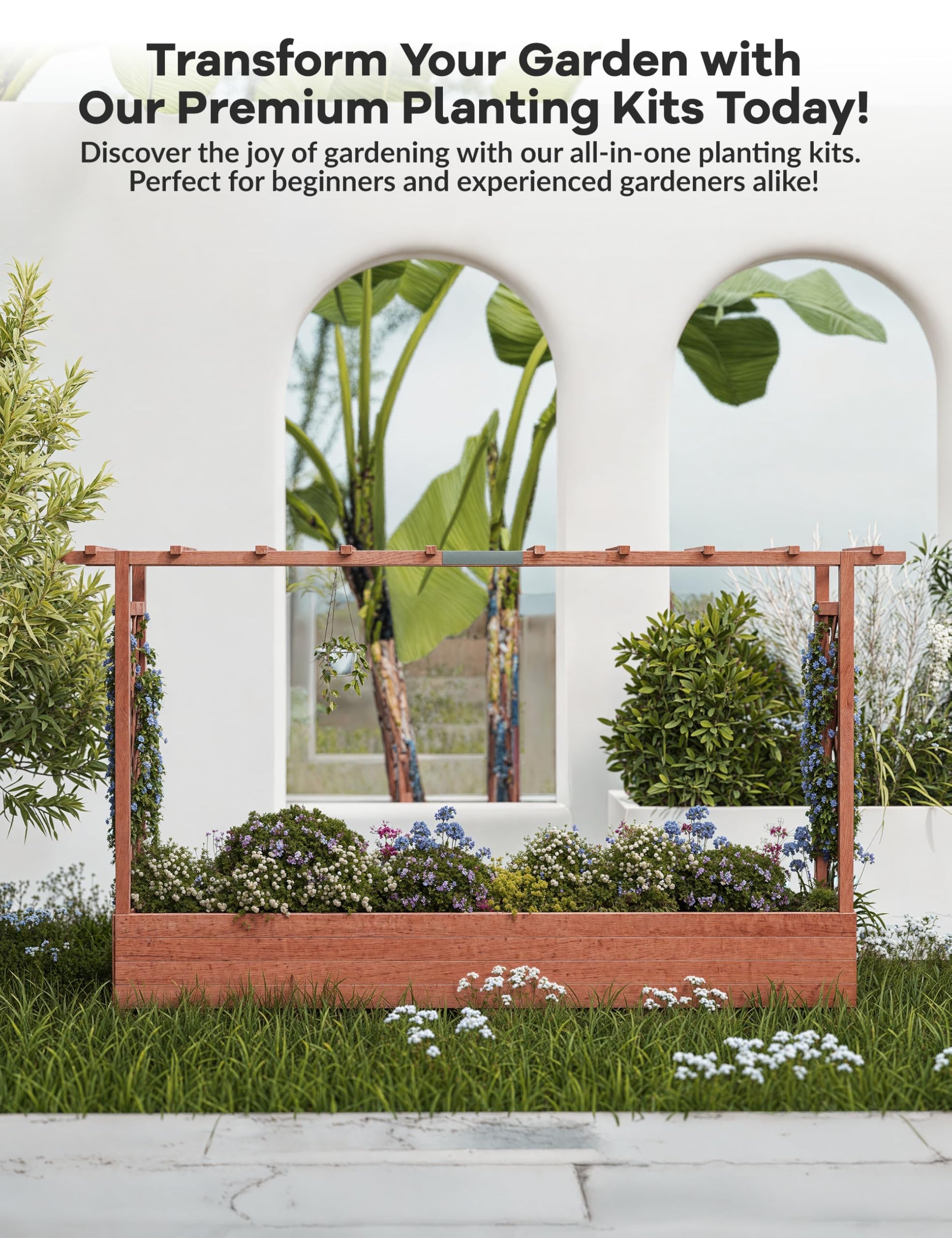 Jardinière surélevée Garvee avec treillis, bac à fleurs en bois de 114 cm (45 pouces), toit suspendu, résistante aux intempéries pour terrasse et balcon, coloris naturels
