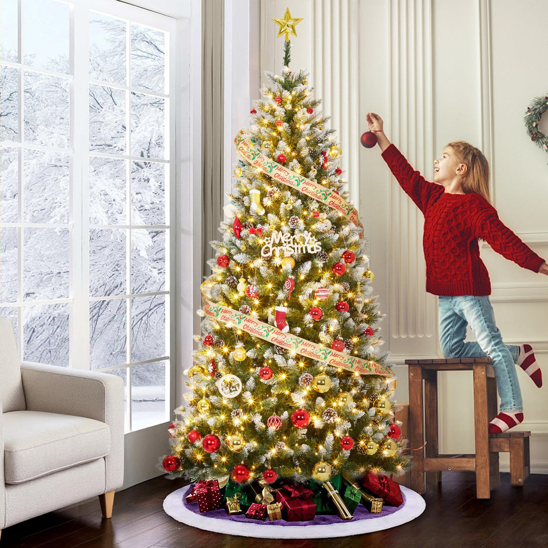 Sapin de Noël Garvee de 275 cm avec 300 LED et pommes de pin décoratives pour grandes pièces, décoration festive