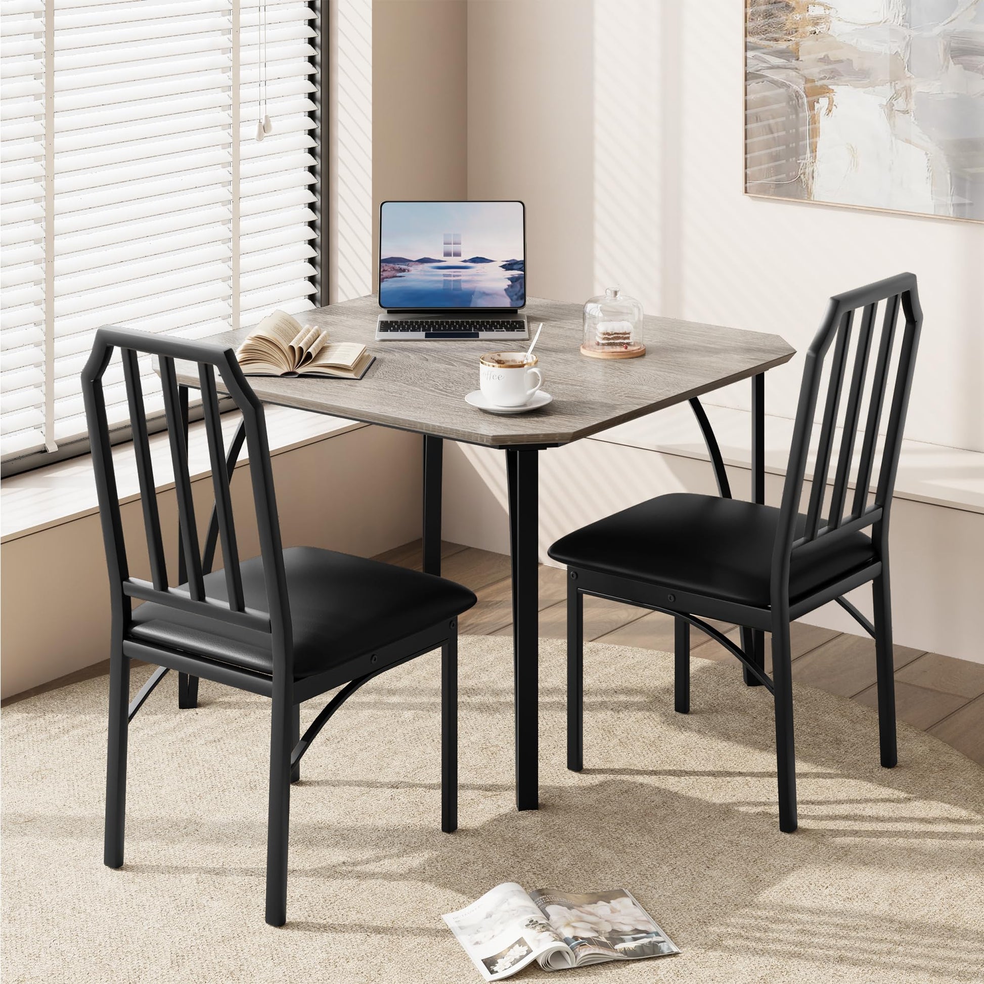 Ensemble de salle à manger Garvee pour 2 personnes, design chanfreiné, 3 pièces, sièges rembourrés, gris, compact pour petits espaces