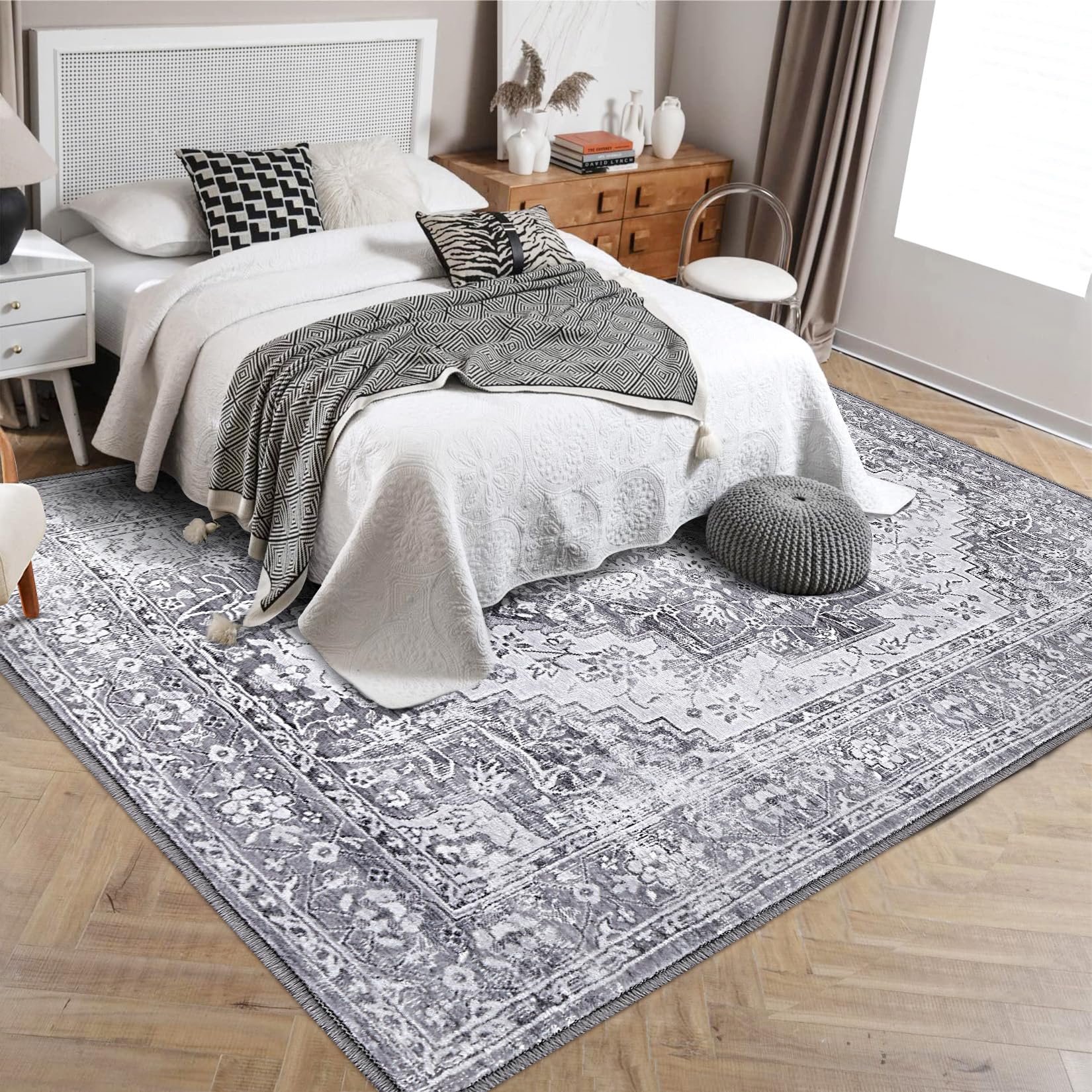 Tapis vintage Garvee, motif oriental, antidérapant, antitache, lavable, poils courts, gris, 160 x 230 cm, salon, chambre