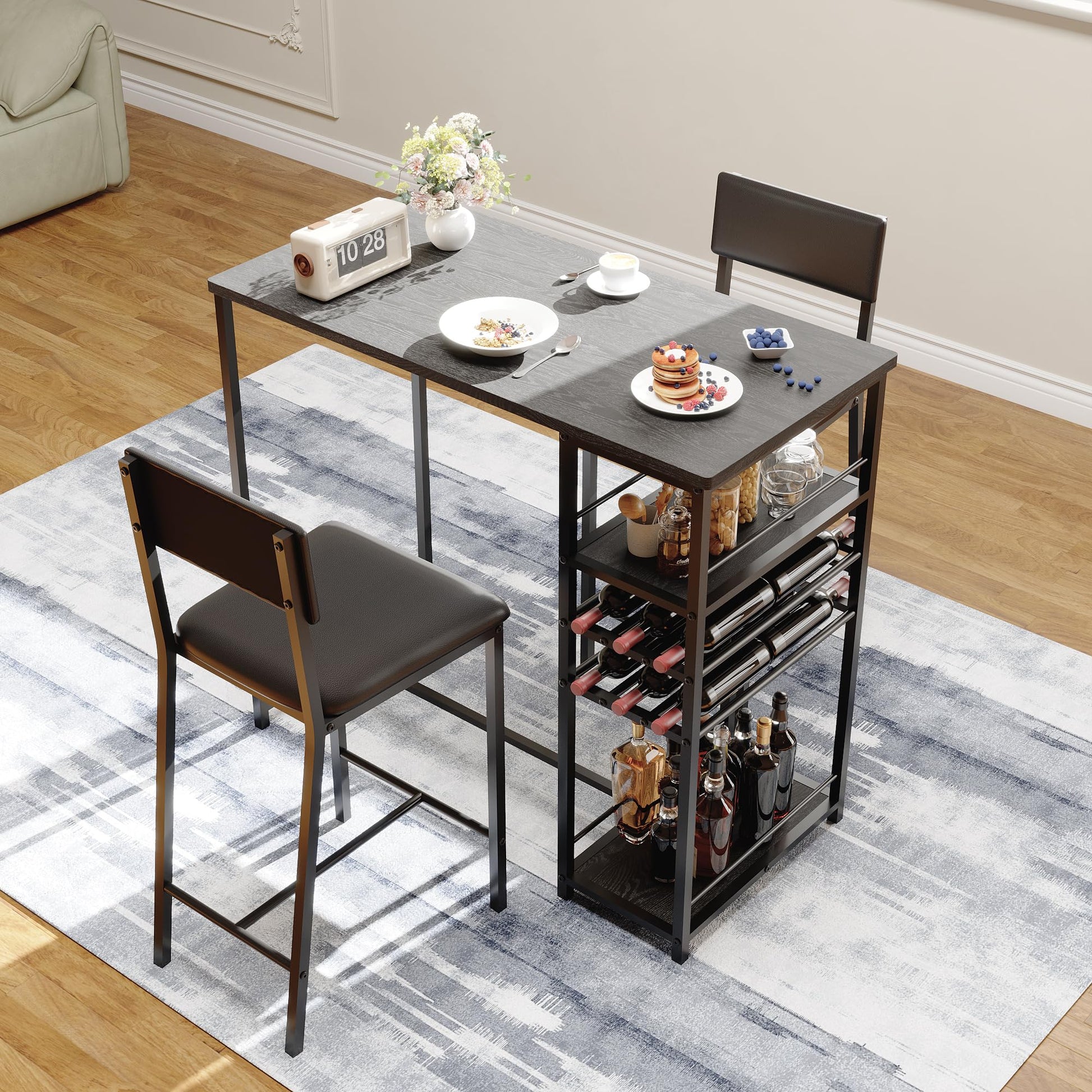 Table de salle à manger Garvee pour 2 personnes avec 4 étagères et casier à vin, banquette rembourrée, structure en acier, bois rustique, gain de place, idéale pour les petites cuisines et les studios.