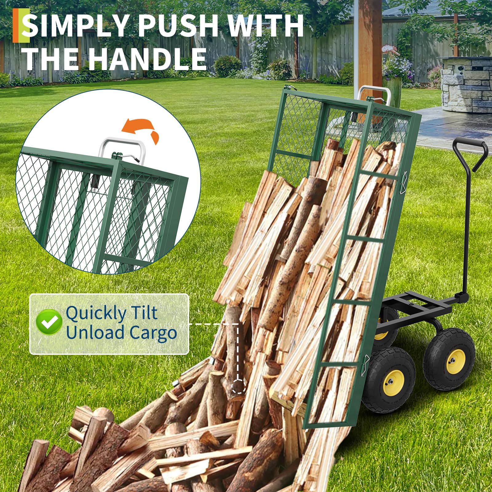 Garvee Chariot de jardin basculant 408 kg avec côtés amovibles, poignée rotative 180° et pneus 25 cm, acier robuste tout-terrain pour jardin et ferme